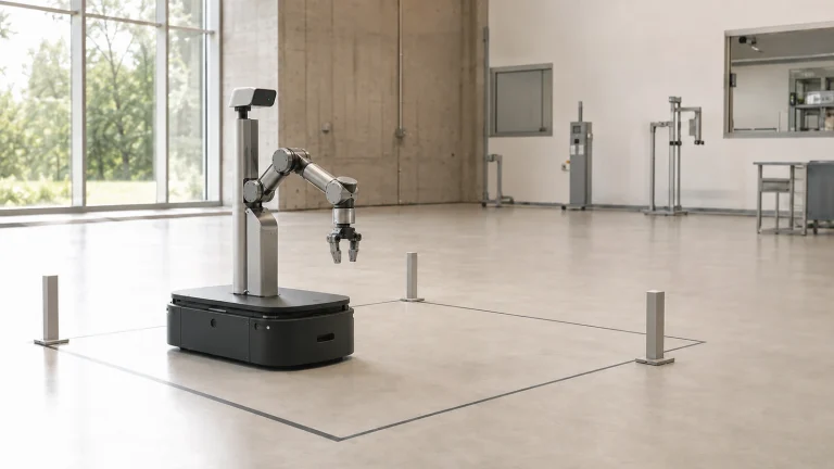 Roboterarm hinter einem Paragrafensymbol als Sinnbild für Regulierung