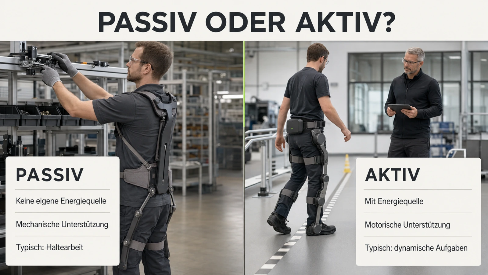 Zwei Personen tragen ein passives Stütz- und ein aktives motorisiertes Exoskelett im Vergleich