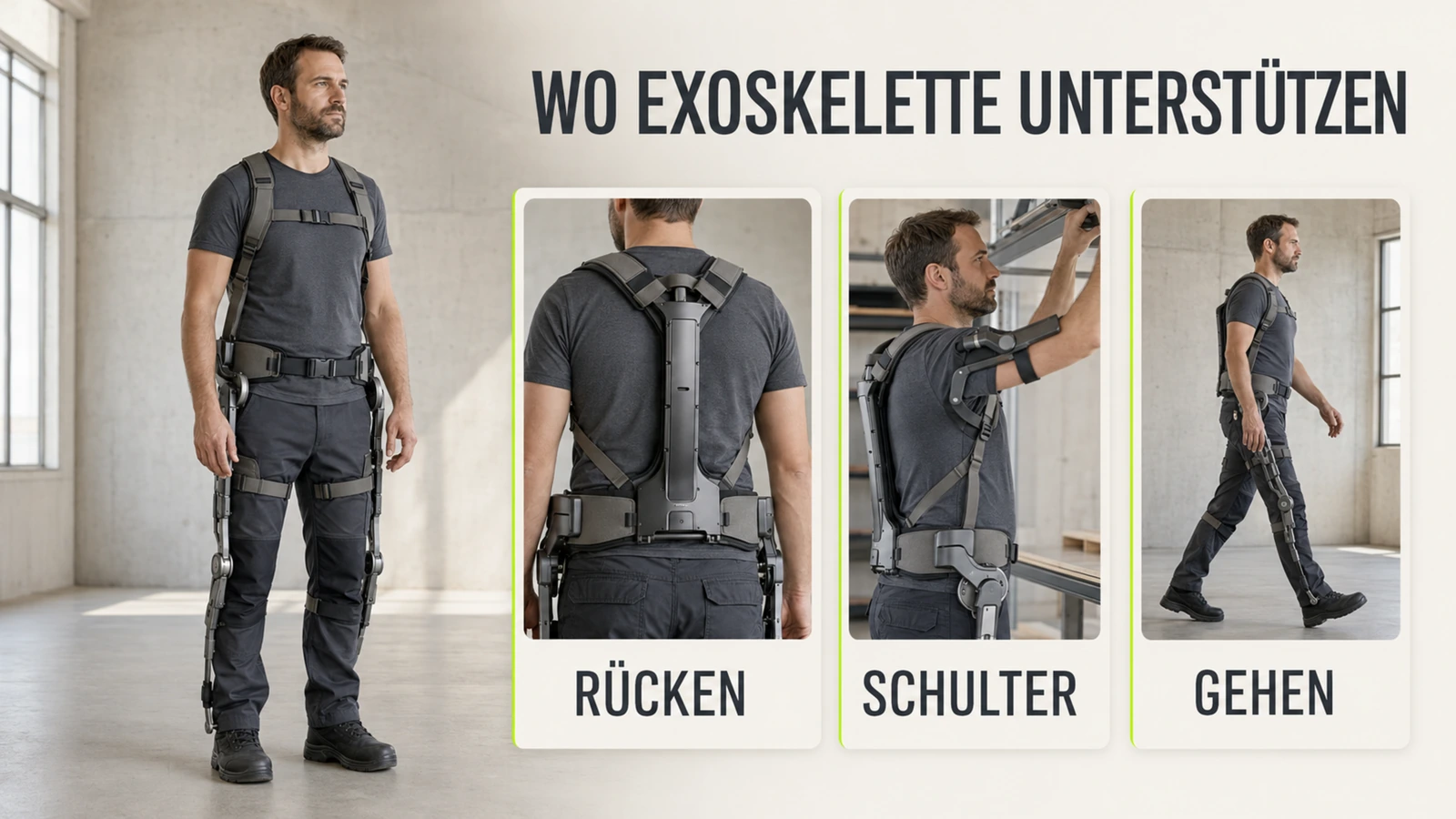 Nahszene einer Hebebewegung mit Exoskelett, der untere Rücken wird sichtbar entlastet