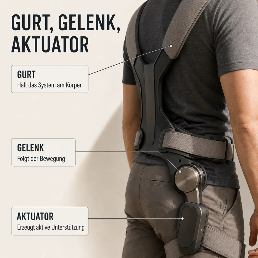 Close-up eines Hüftaktuators mit Gurtsystem am Exoskelett, feiner Lime-Akzent