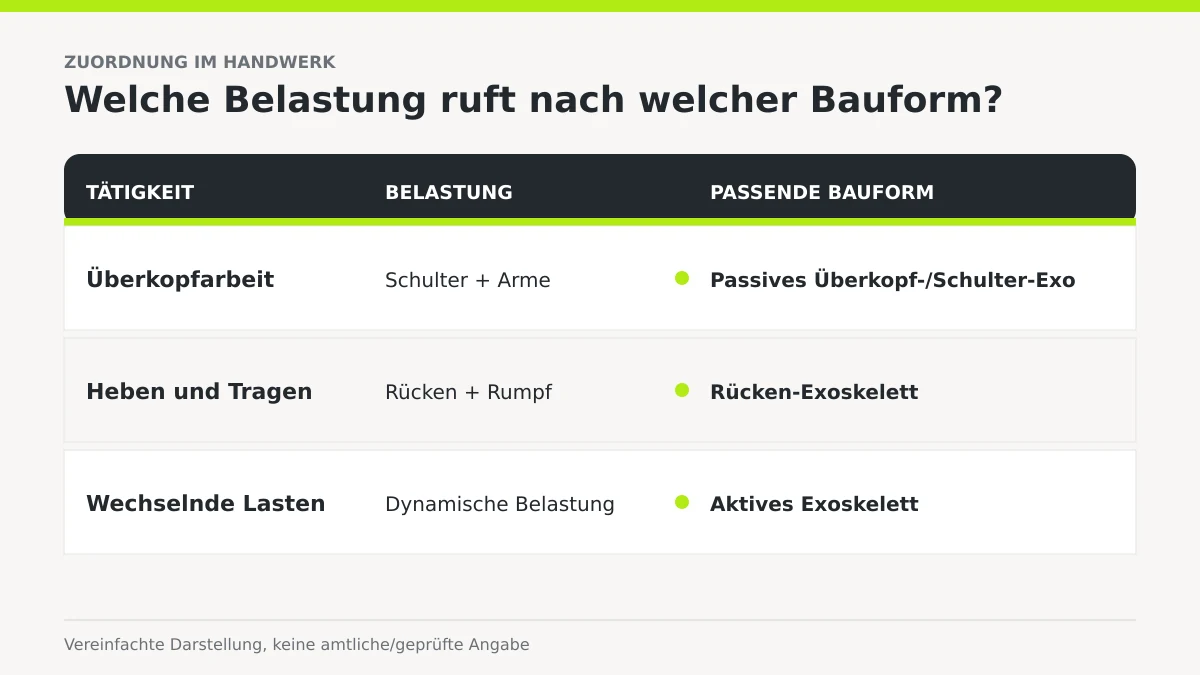 Zuordnungs-Schema, das Tätigkeiten der passenden Exoskelett-Bauform zuordnet.