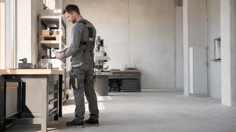 Arbeiter mit einem Ganzkörper-Exoskelett in aufrechter Haltung in heller Industrieumgebung