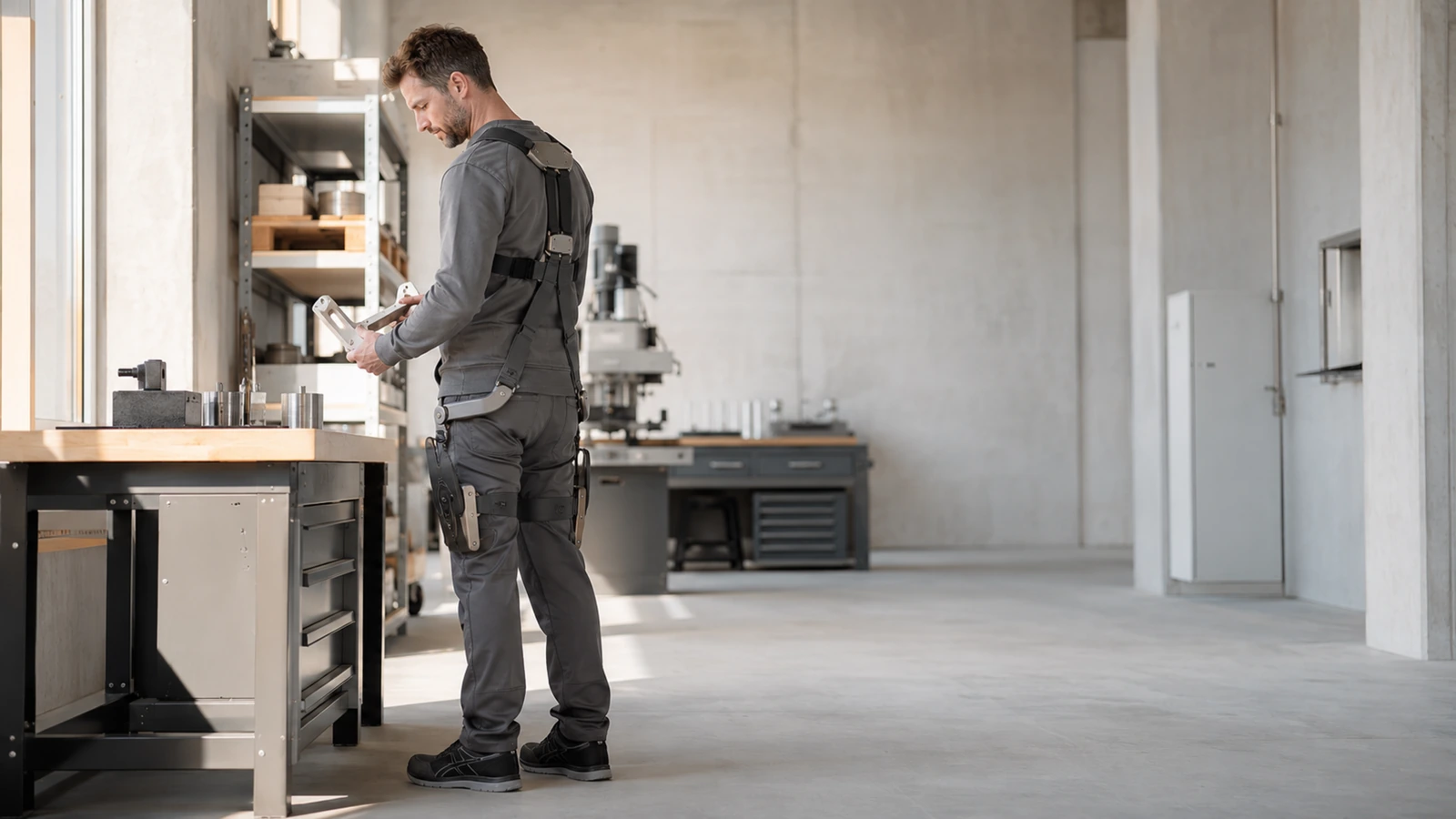 Arbeiter mit einem Ganzkörper-Exoskelett in aufrechter Haltung in heller Industrieumgebung