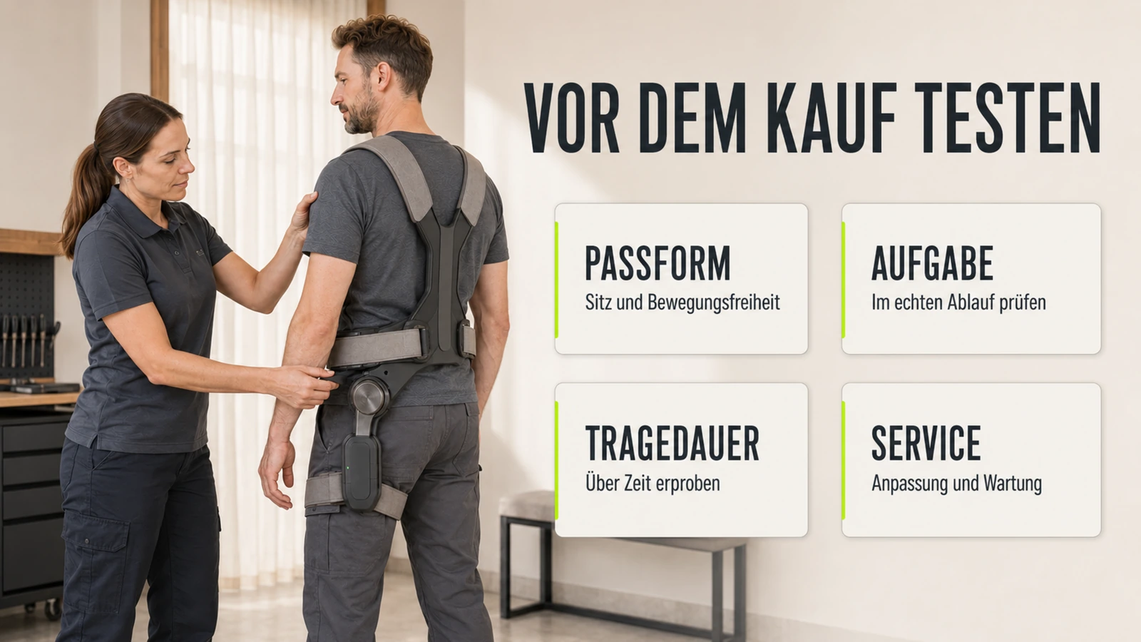 Person legt ein Exoskelett an und justiert einen Gurt, Anprobe und Passform beim Kauf