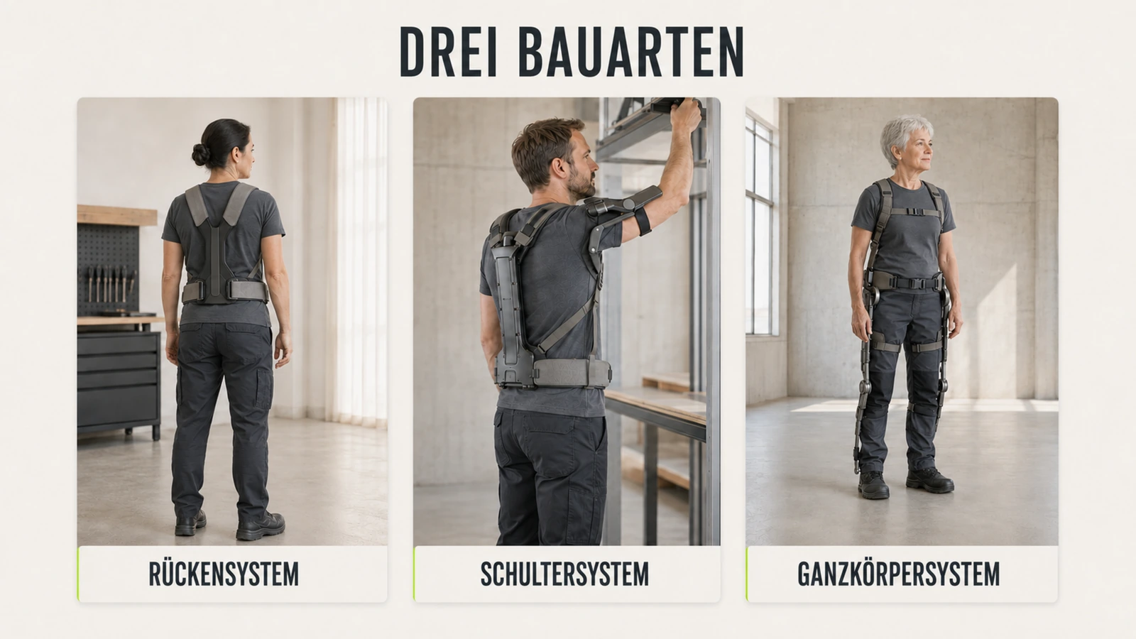 Drei Exoskelett-Bauarten nebeneinander: Rücken, Schulter und Ganzkörper zur Auswahl