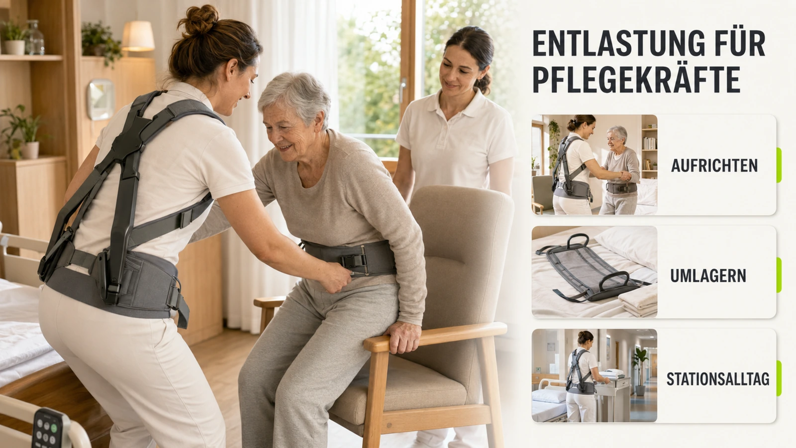 Pflegekraft richtet eine Patientin auf, das Exoskelett entlastet den Rücken sichtbar