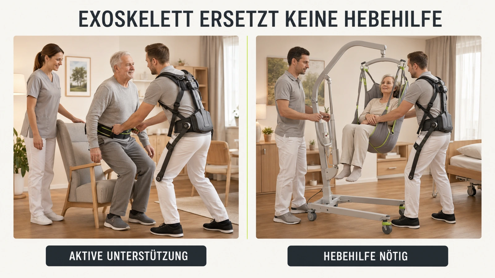 Pflegekraft mit angelegtem Exoskelett im normalen Stationsalltag