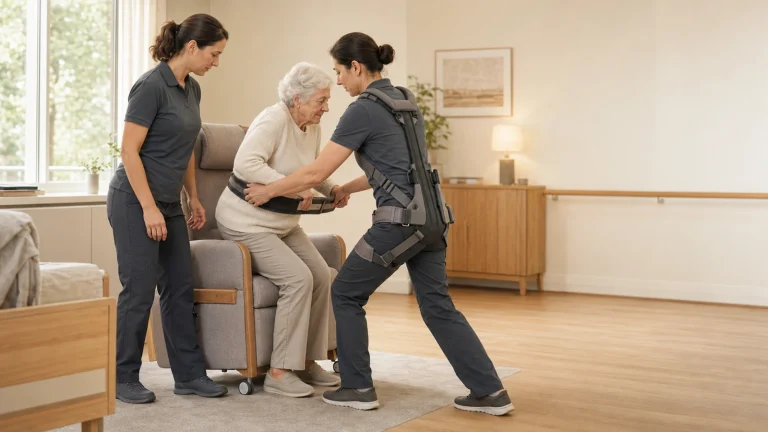 Pflegekraft mit Hebe-Exoskelett richtet eine Person auf, würdevolles warmes Pflegeumfeld