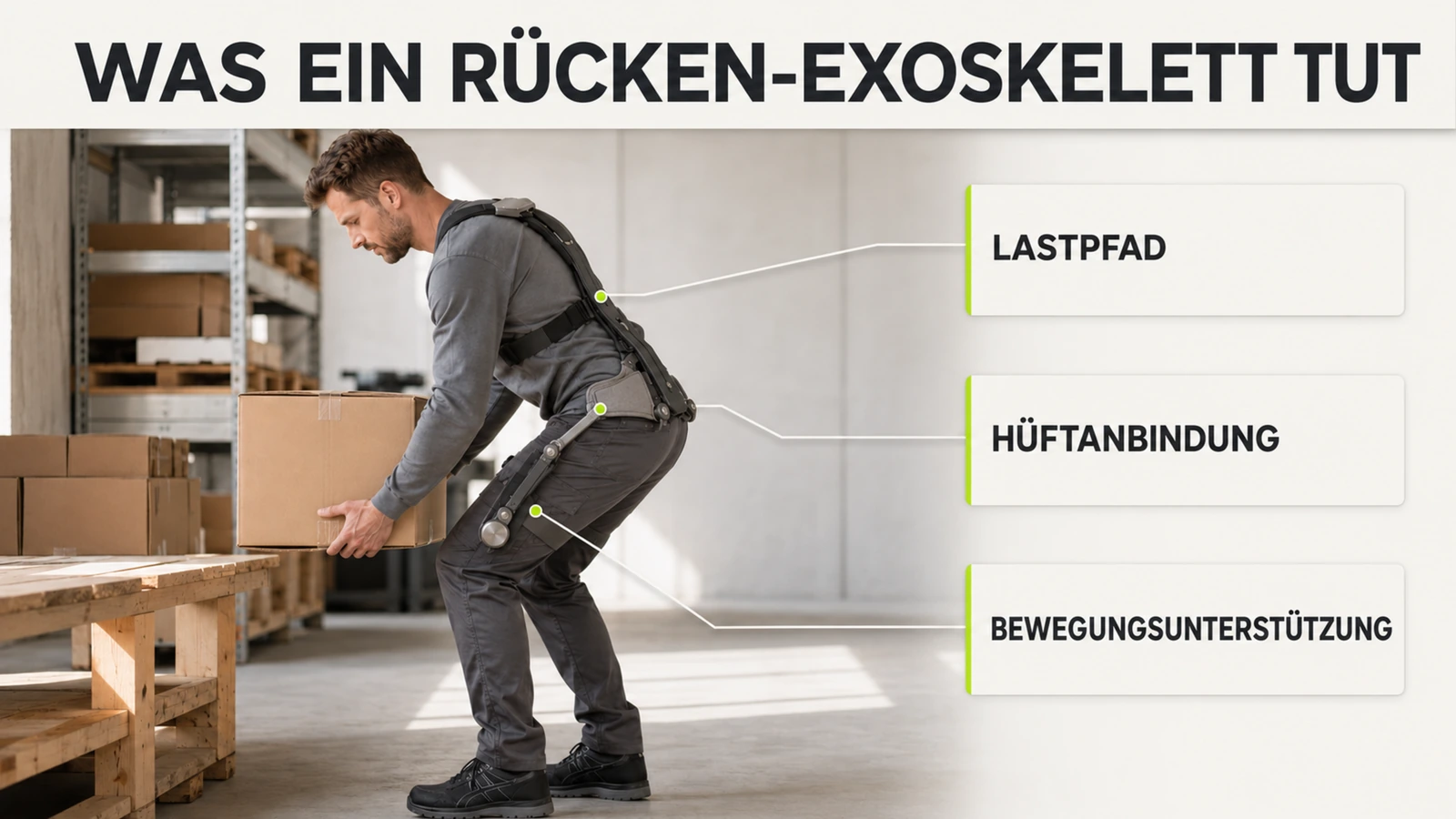 Zwei Personen heben dieselbe Last mit und ohne Rücken-Exoskelett, die Haltung zeigt den Unterschied