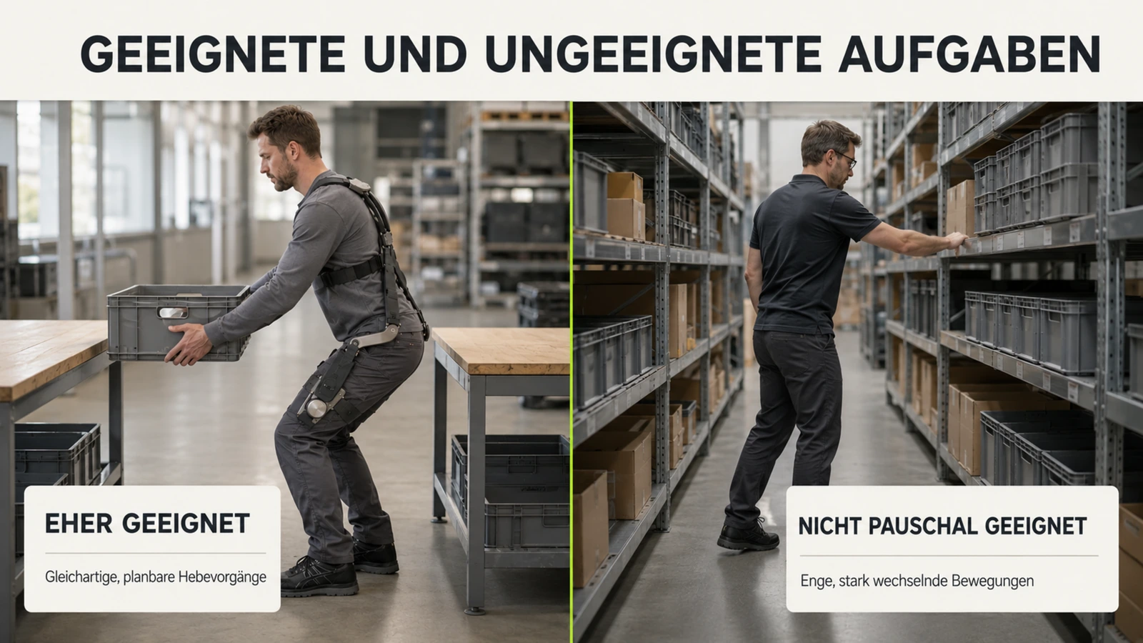 Mehrere Beschäftigte mit Rücken-Exoskeletten im Arbeitsalltag einer Halle