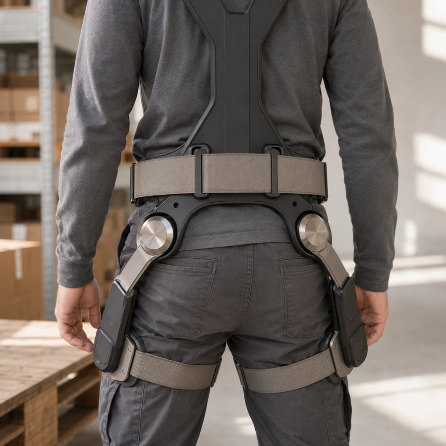 Close-up des Lendenbereichs mit Stützstreben und Textilgurt eines Rücken-Exoskeletts