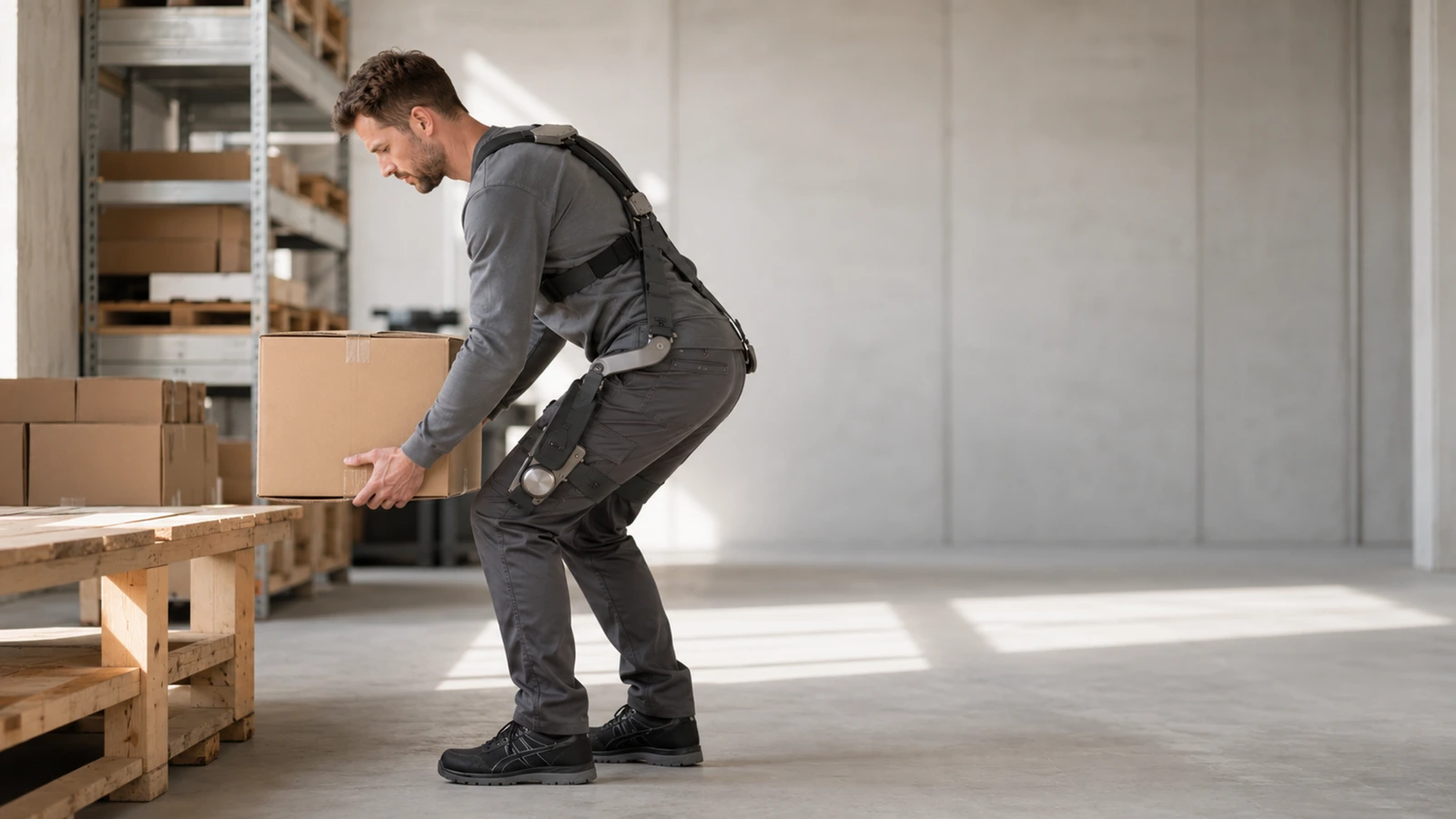 Person hebt eine Last mit Rücken-Exoskelett, der untere Rücken wird beim Bücken entlastet