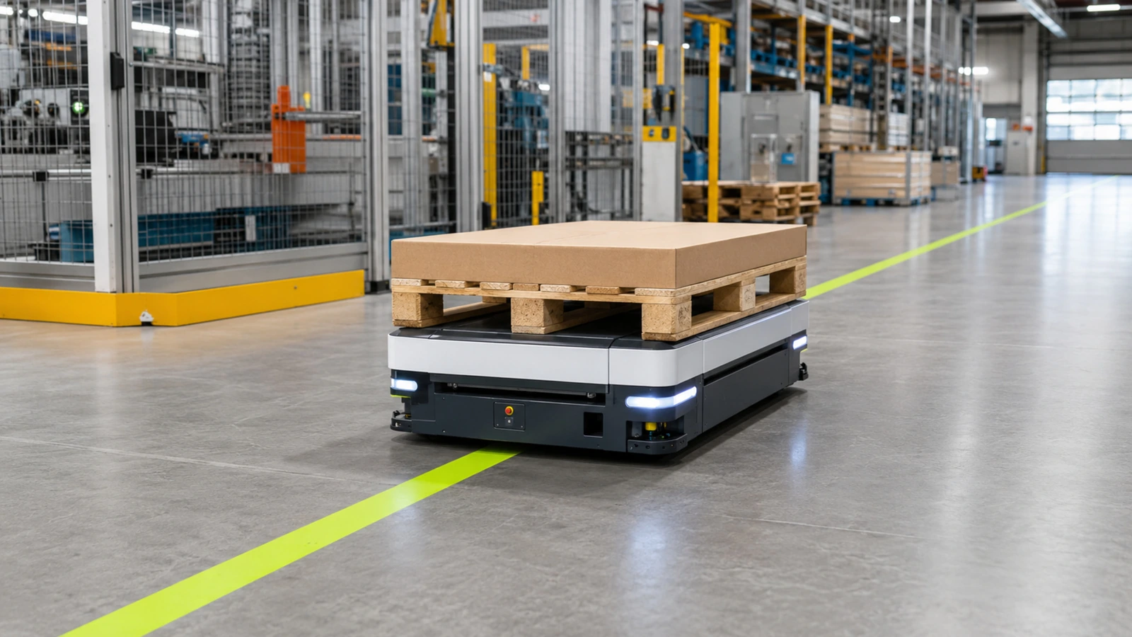 Fahrerloses Transportsystem fährt mit Europalette entlang einer klar markierten Bodenspur in der Halle
