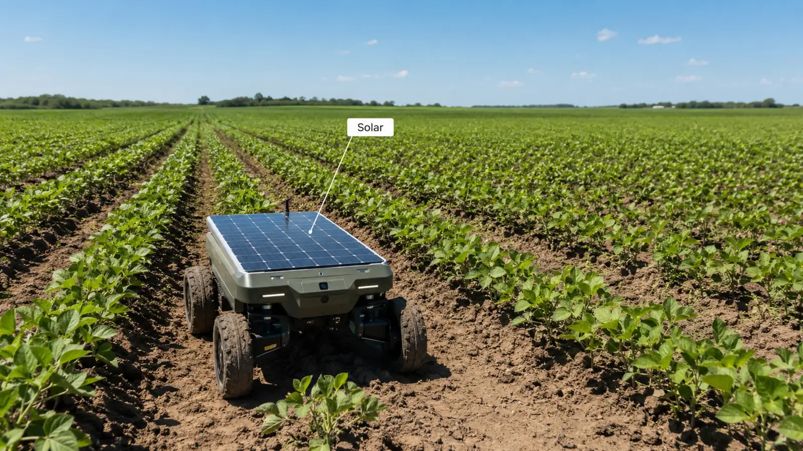 Solar-Feldroboter mit angedeutetem Panel auf dem Feld unter freiem Himmel als autonomes System