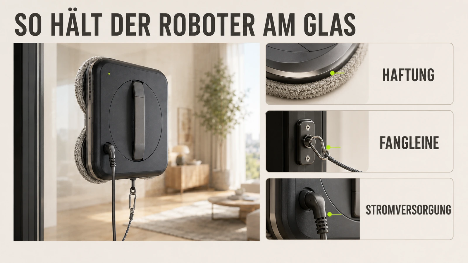 Close-up des Fensterputzroboters am Glas mit Vakuum-Halt und Fangleine als Absturzsicherung