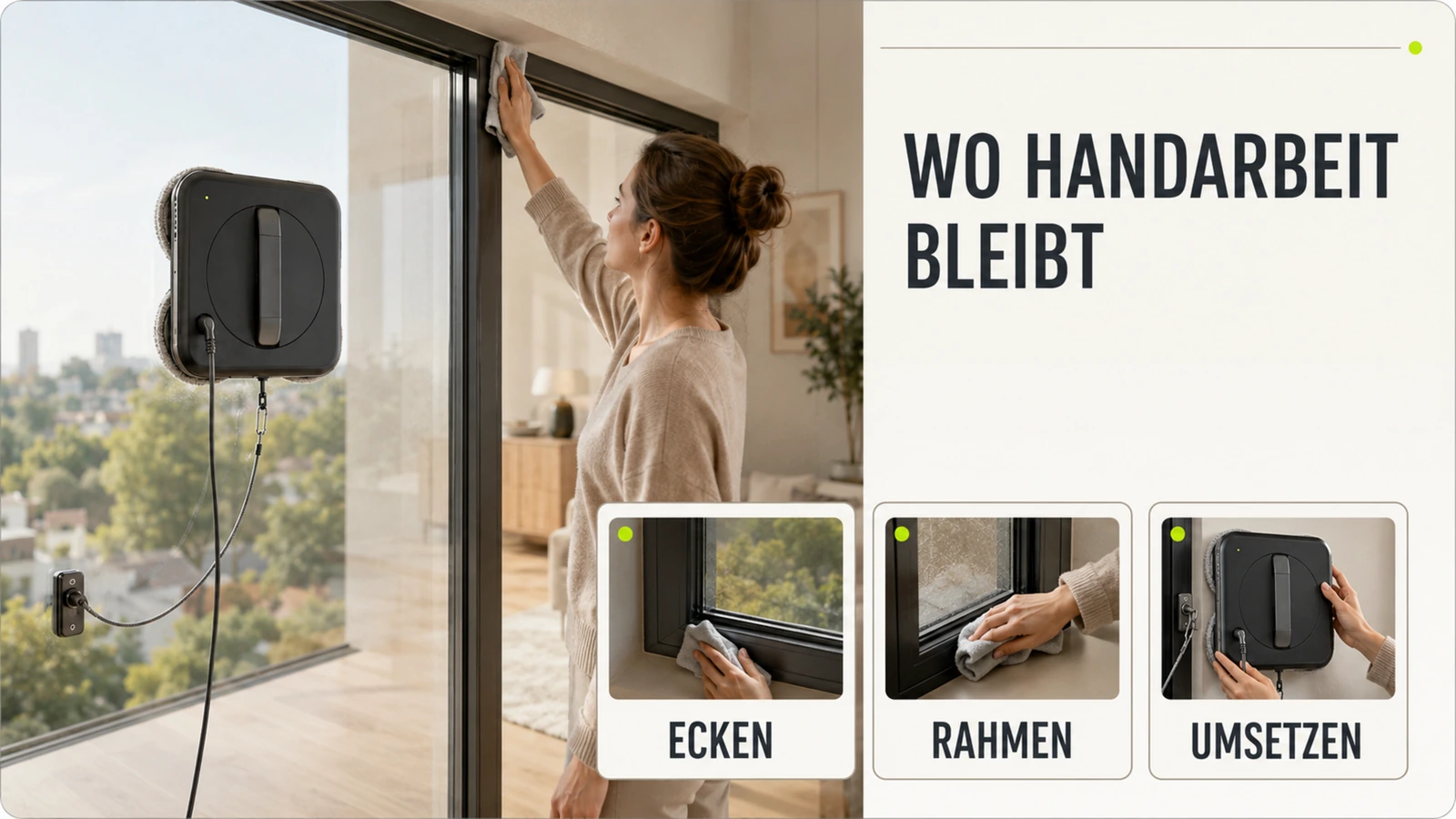 Fensterputzroboter reinigt eine Scheibe, während eine Person entspannt daneben zusieht