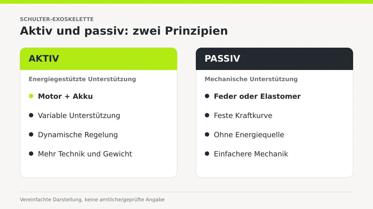 Zwei-Spalten-Schema, das aktive Exoskelette mit Motor und passive mit Feder gegenüberstellt.