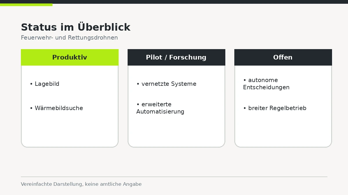 Dreispaltiges Statusschema produktiv, Forschung, offen für Feuerwehr-Drohneneinsätze.