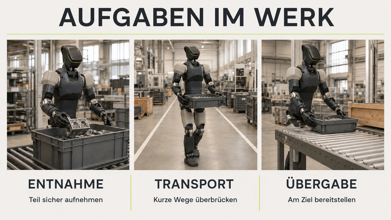 Figure-03-artiger Roboter nimmt ein Teil aus einem Behälter, Logistik im Werk
