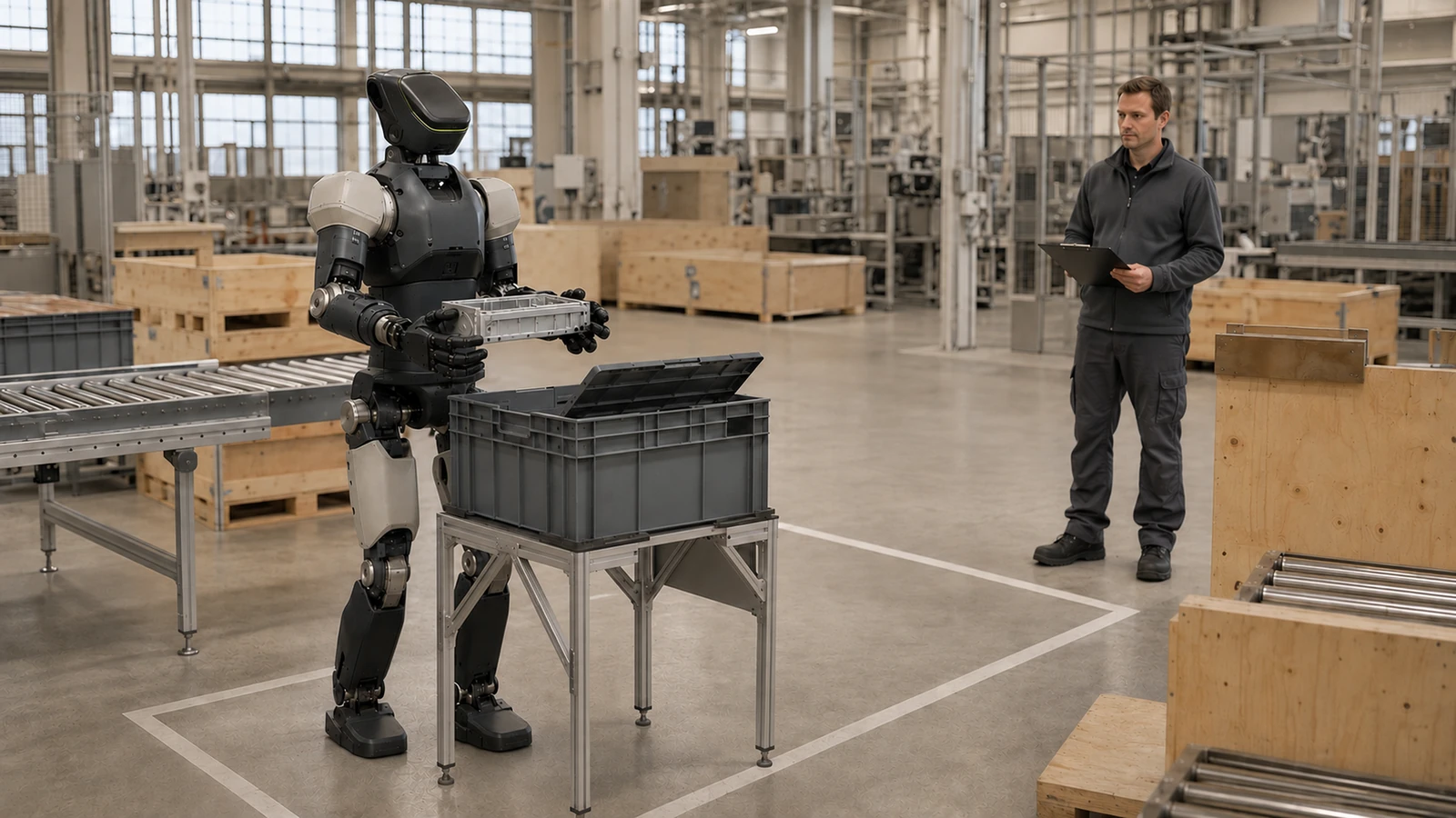 Humanoider Roboter arbeitet mit Sicherheitsabstand neben einem menschlichen Arbeiter zusammen