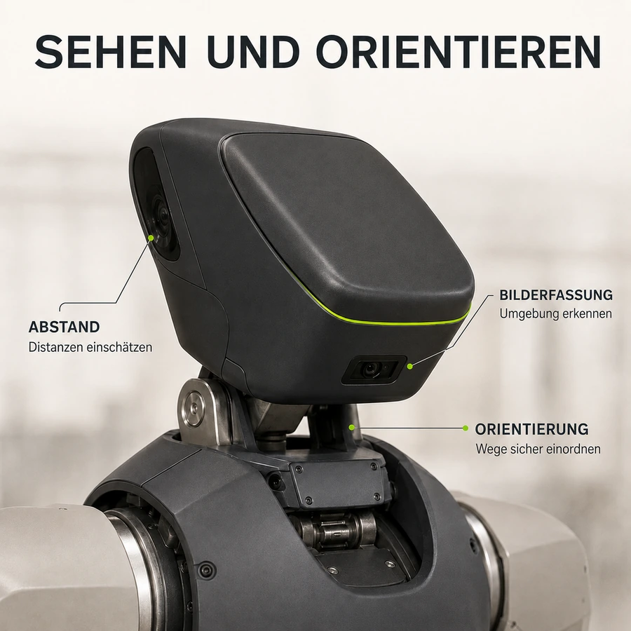 Close-up des Kopf- und Sensorbereichs eines Humanoiden mit Kamera-Cluster und Lime-LED