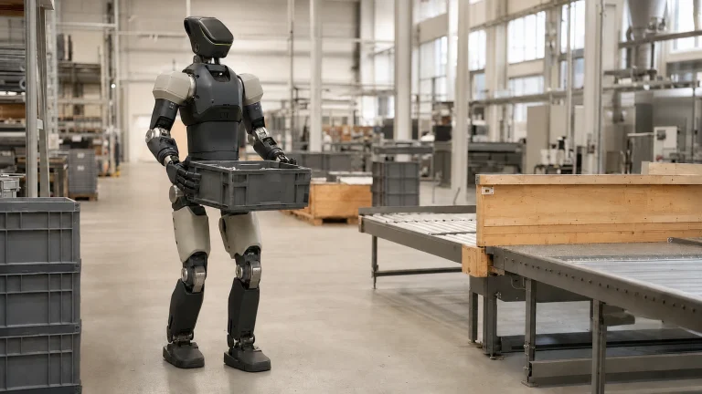 Humanoider Roboter im Stil des Figure 03 in einer industriellen Werkshalle, professioneller Kontext
