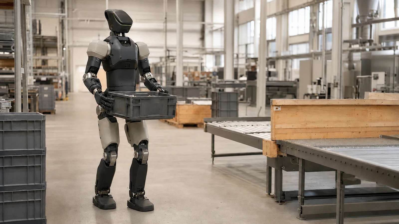 Humanoider Roboter im Stil des Figure 03 in einer industriellen Werkshalle, professioneller Kontext