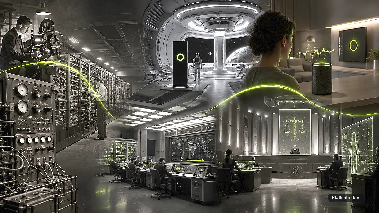 Bildmontage aus sechs Szenen: Filmprojektor, Röhrenrechnerhalle, Raumstationsmodul, Leitzentrale mit Weltkarte, Wohnzimmer mit Lautsprechersäule und Gerichtssaal