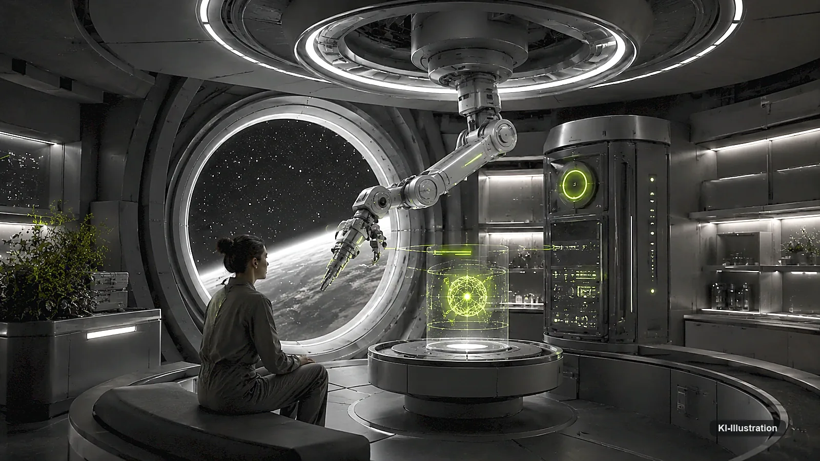 Raumstationsmodul mit rundem Fenster und Blick auf einen Planeten; von der Decke reicht ein mehrgelenkiger Roboterarm herab, davor sitzt eine Person auf einer Bank