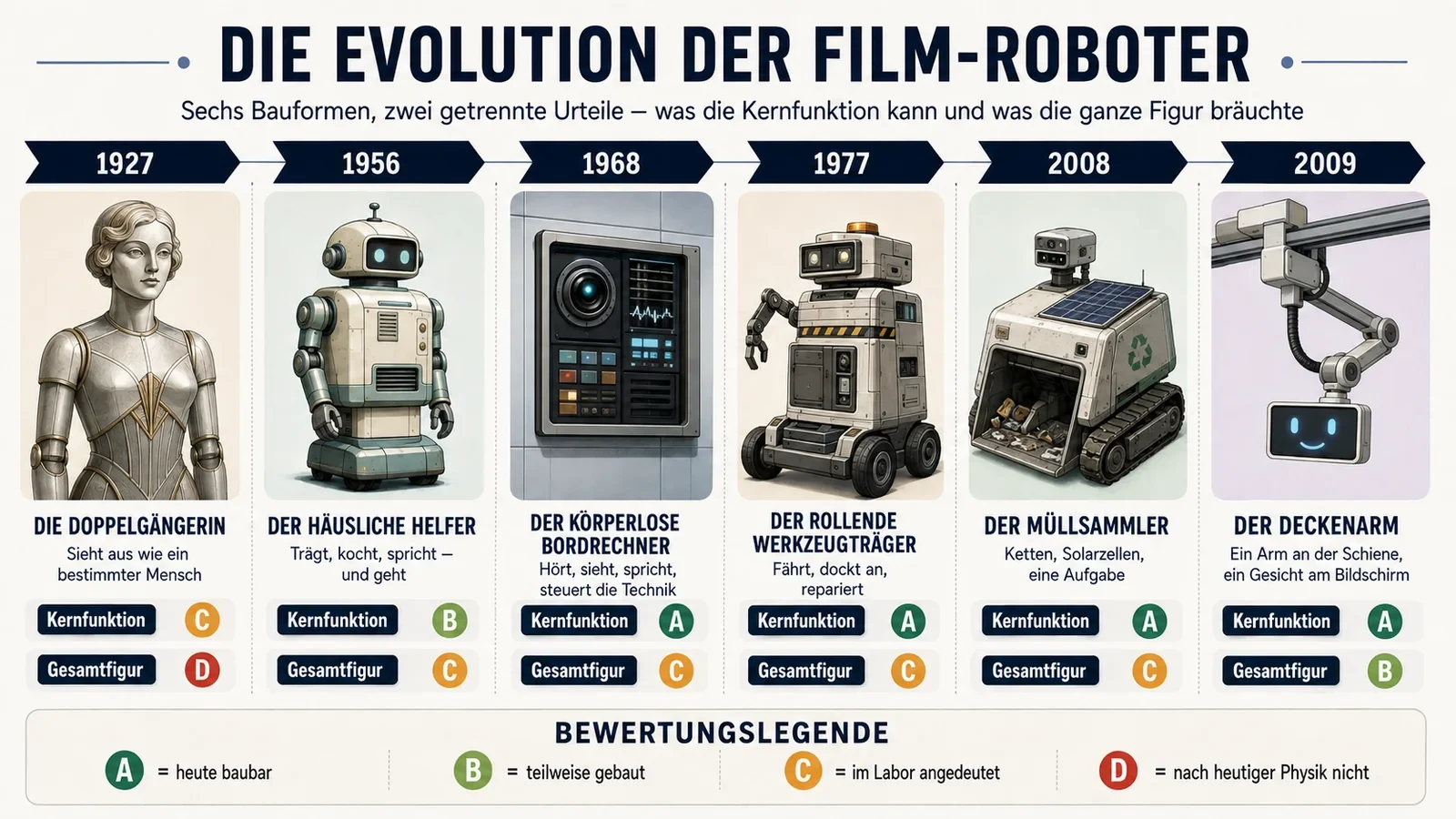 Sechs generische Roboter-Archetypen als Stellvertreter für Filmtypen, mit getrennter Bewertung von Kernfunktion und Gesamtfigur