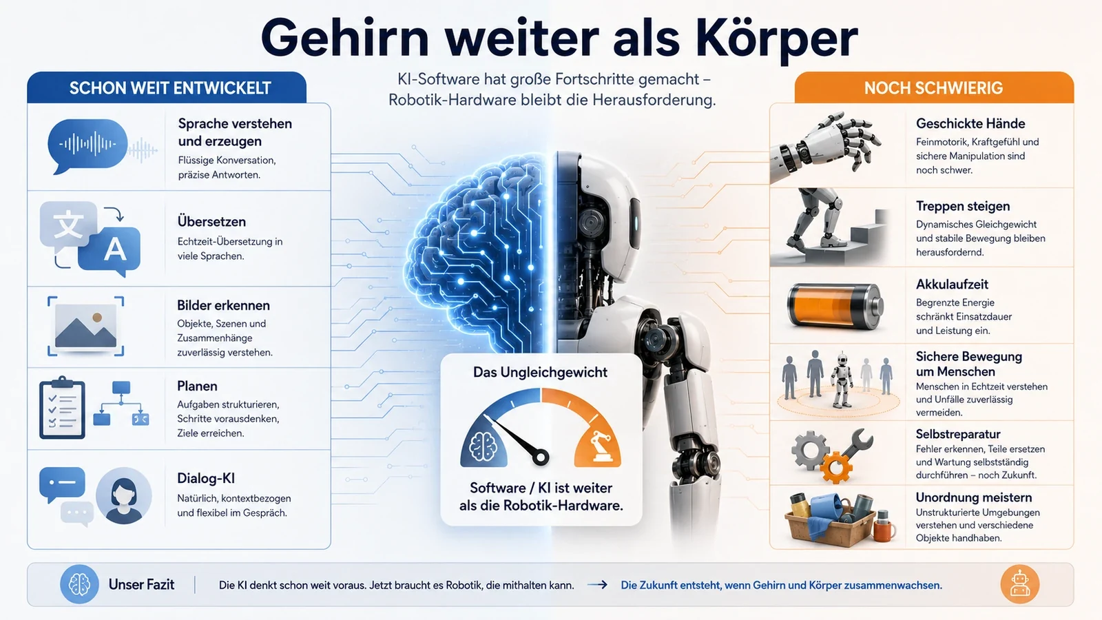 Zweiteilige Gegenüberstellung: Softwarefähigkeiten eines Roboters gegen körperliche Problemfelder wie Gehen, Greifen und Energie