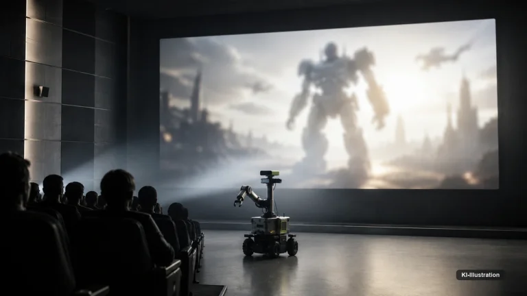 Kinosaal mit großem Science-Fiction-Bild auf der Leinwand und einem kleinen realen Arbeitsroboter davor
