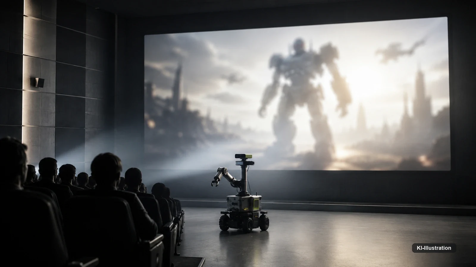 Kinosaal mit großem Science-Fiction-Bild auf der Leinwand und einem kleinen realen Arbeitsroboter davor