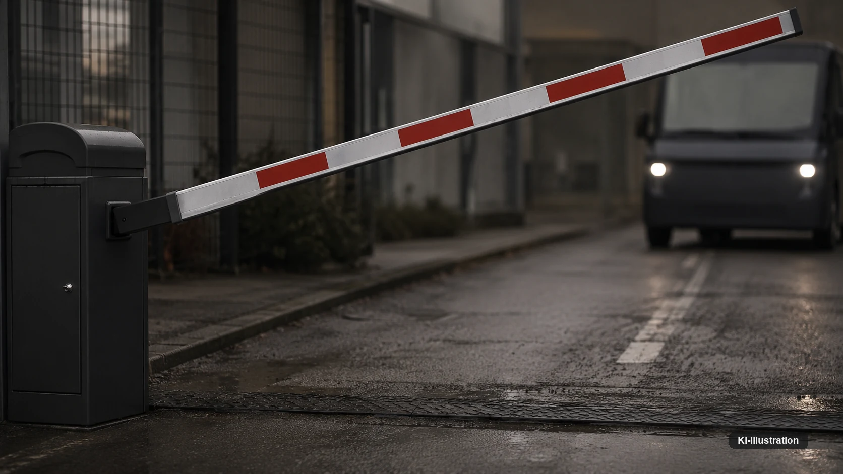 Eine rot-weisse Schranke steht auf halber Hoehe an der Ausfahrt eines Betriebshofs. Dahinter wartet unscharf die Front eines Kleinbusses mit eingeschaltetem Standlicht.