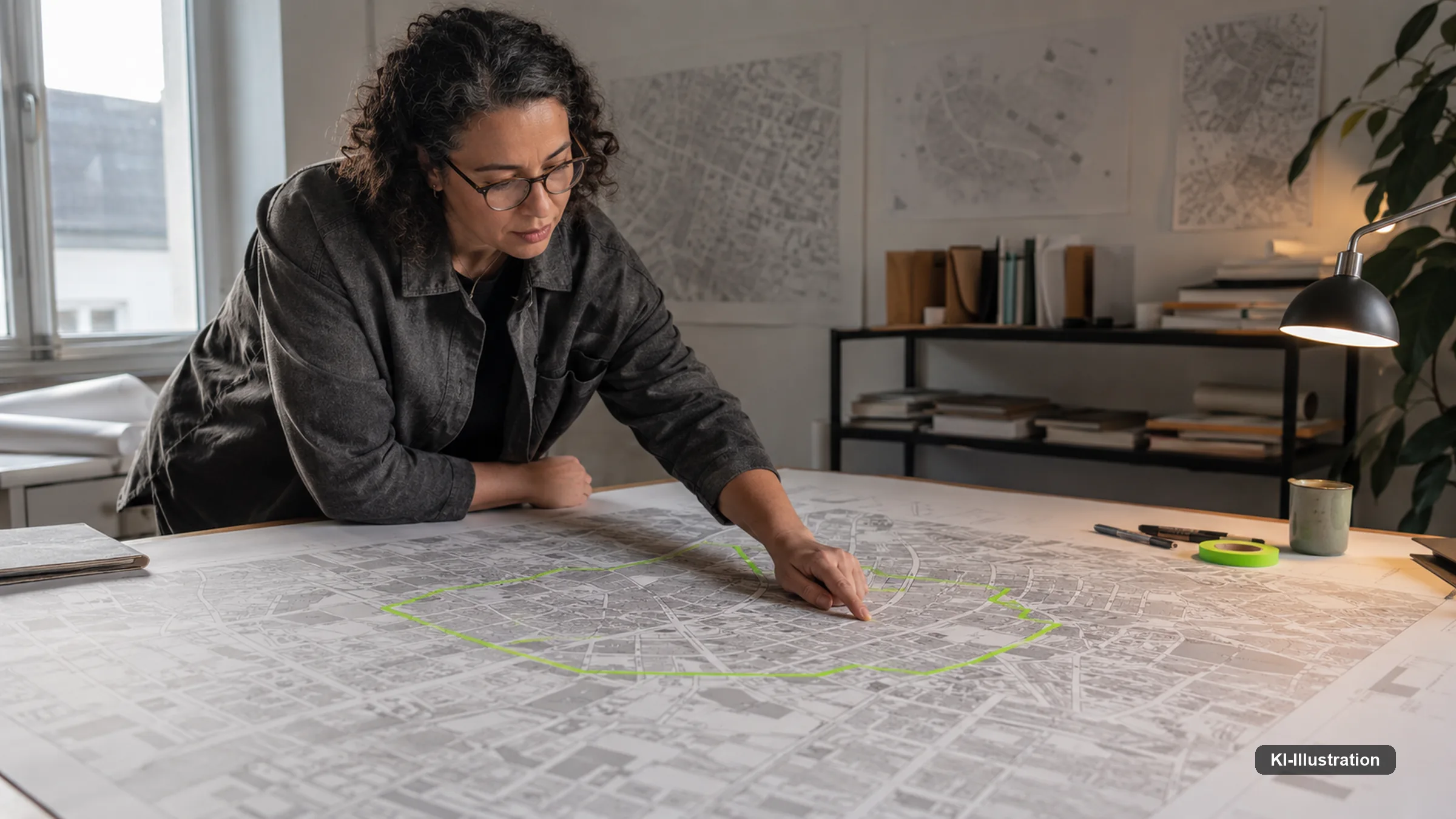 Eine Planerin zeichnet auf einem großformatigen Stadtplan eine grüne Grenze ein; die umrandete Fläche ist deutlich kleiner als der Plan.