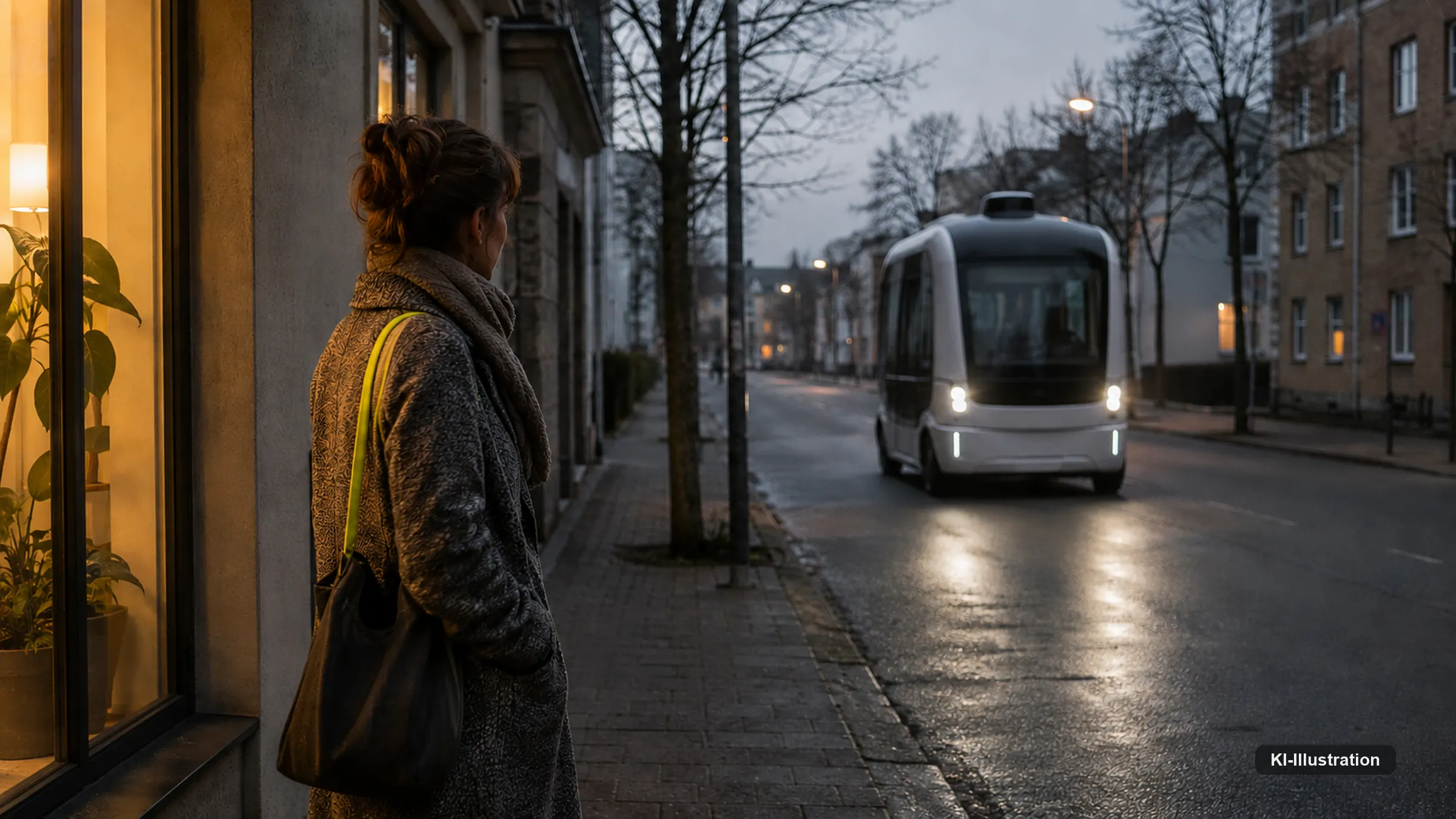 Dämmerung an einer Wohnstraße. Eine Frau wartet am Gehweg, ein leeres Fahrzeug mit Sensordach fährt heran.