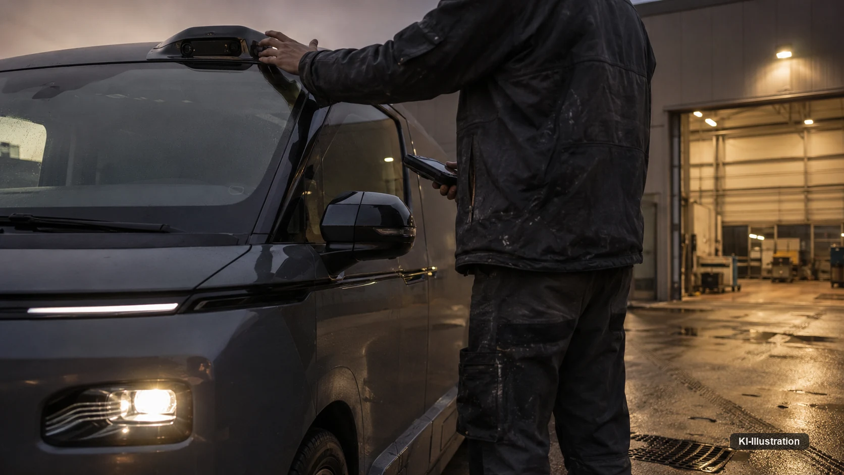 Vor Sonnenaufgang auf einem Betriebshof: Eine Person in Arbeitsjacke prueft mit der Hand das Sensorgehaeuse an der Dachkante eines Kleinbusses, dessen Scheinwerfer eingeschaltet sind. Im Hintergrund steht ein hell erleuchtetes Hallentor offen.