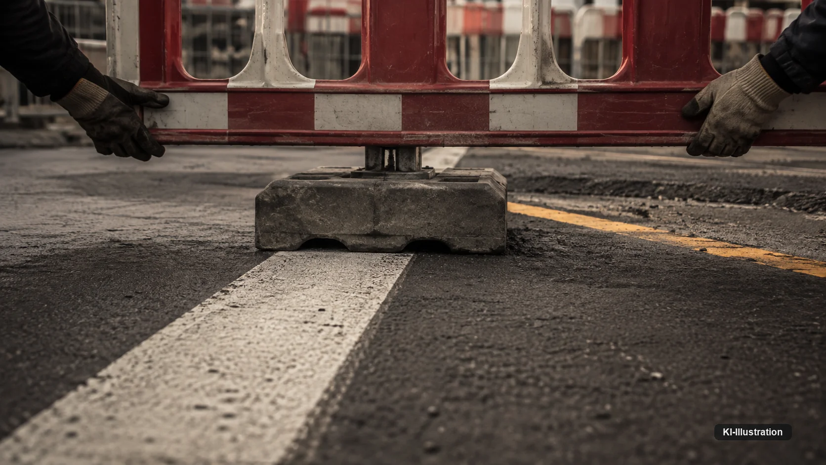 Nahaufnahme auf Fahrbahnhöhe: Zwei Hände in Arbeitshandschuhen setzen eine rot-weiße Absperrbake quer auf die Straße. Ihr Betonfuß steht auf der weißen Fahrbahnmarkierung, daneben führt eine gelbe provisorische Markierung schräg weg.
