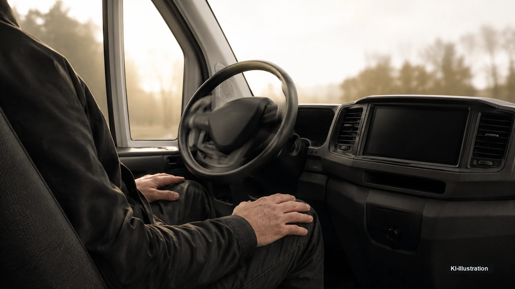 Blick von hinten in den vorderen Innenraum eines Kleinbusses: Das Lenkrad ist in Drehbewegung, die Haende der begleitenden Person liegen unbeteiligt auf den Oberschenkeln.