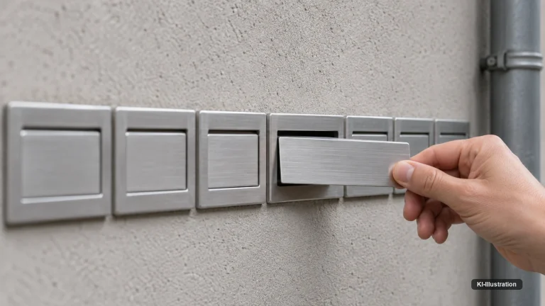 An einer Gewerbehof-Fassade haengt eine Reihe leerer Aluminium-Namensschilder. Eine Hand schiebt in eines der mittleren Felder ein ebenfalls leeres Schild ein.