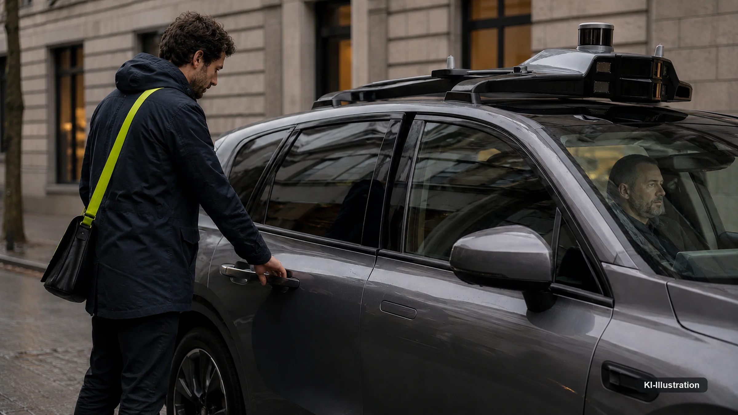 Ein Fahrgast öffnet die hintere Tür eines Fahrzeugs mit Sensordach; vorn sitzt eine Person am Lenkrad.