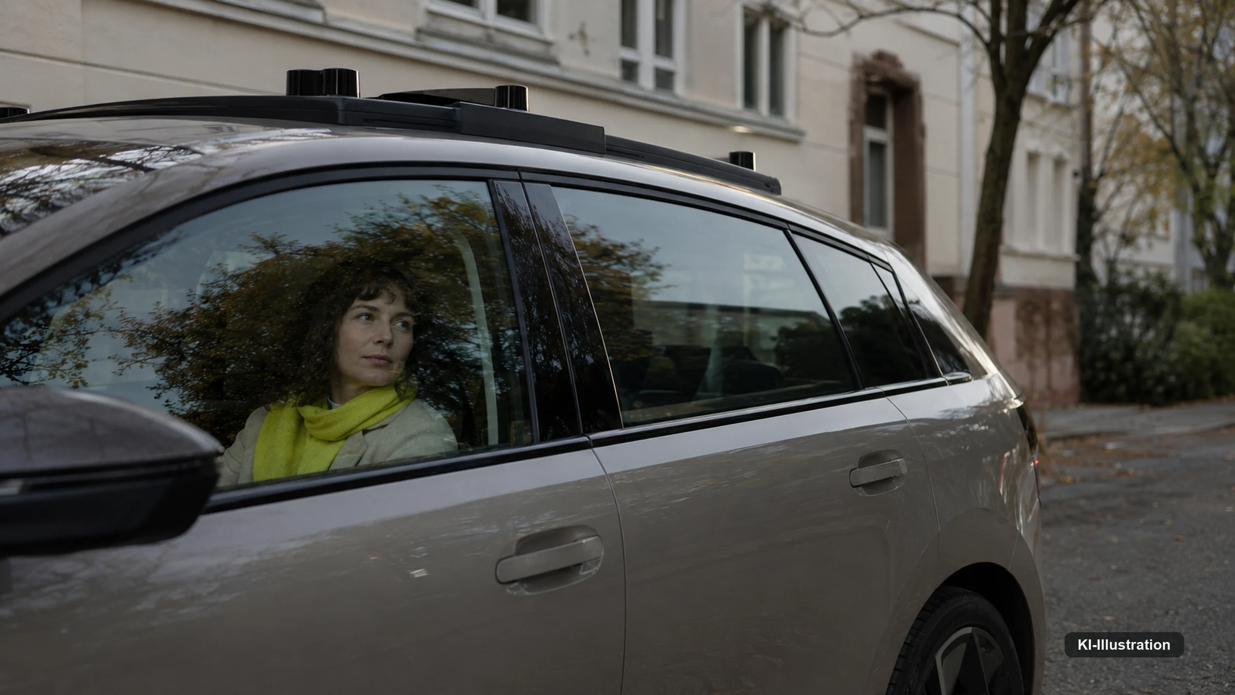 Eine Frau sitzt vorn in einem Fahrzeug mit Sensordach; von außen ist nicht erkennbar, ob sie fährt, überwacht oder mitfährt.