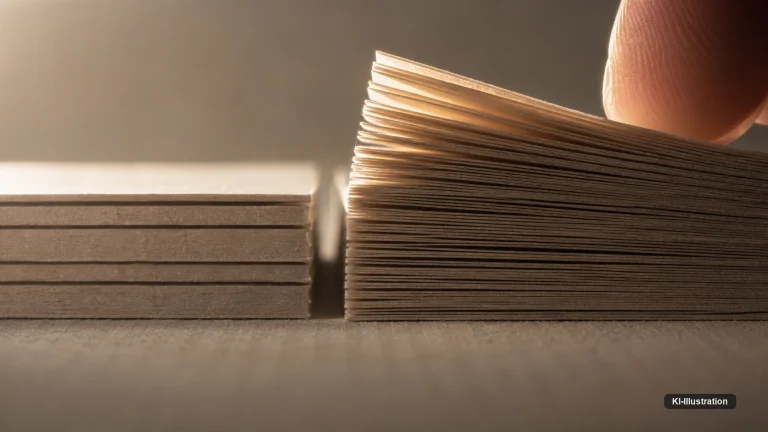 Makroaufnahme zweier gleich hoher Papierstapel von der Seite: Der linke besteht aus wenigen dicken Blaettern, der rechte aus vielen duennen, deren Kanten ein Finger aufblaettert.