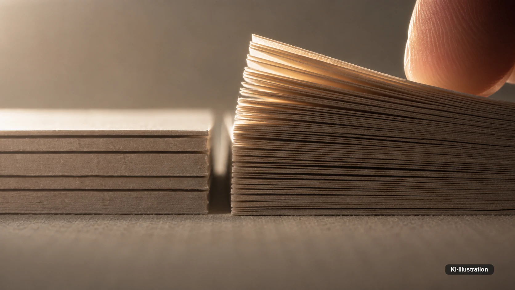 Makroaufnahme zweier gleich hoher Papierstapel von der Seite: Der linke besteht aus wenigen dicken Blaettern, der rechte aus vielen duennen, deren Kanten ein Finger aufblaettert.