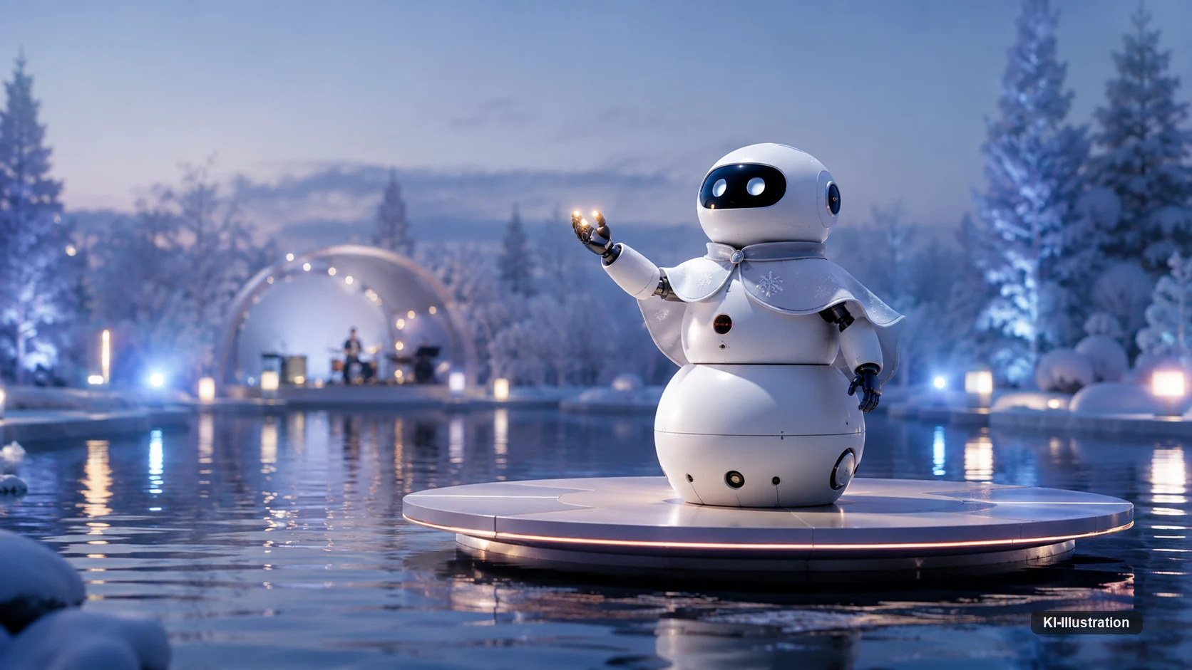 Schneeroboter steht mit erhobenem Arm auf einer runden Plattform in einem ruhigen Gewässer, im Hintergrund eine beleuchtete Bühne.