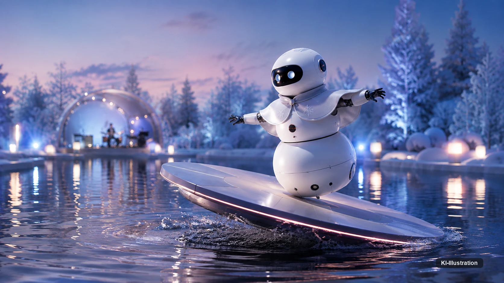 Schneeroboter balanciert mit ausgebreiteten Armen auf einem schmalen Brett auf bewegtem Wasser.