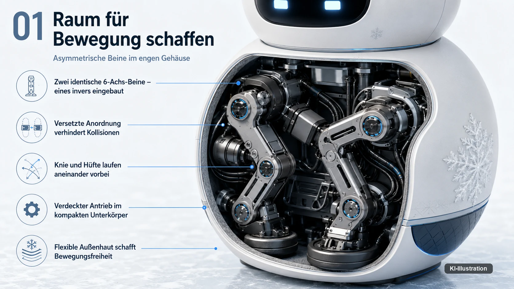 Schaubild eines geöffneten Roboterunterkörpers mit zwei ineinander verschachtelten Beinmechanismen und Beschriftungen zur versetzten Anordnung.