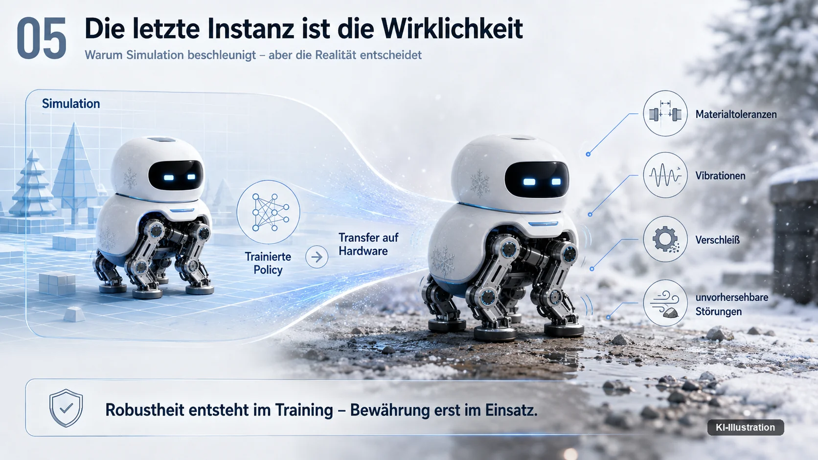 Schaubild mit zwei Hälften: links eine glatte Simulationswelt, rechts derselbe Roboter auf realem Untergrund mit Hinweisen auf Verschleiß und Störungen.