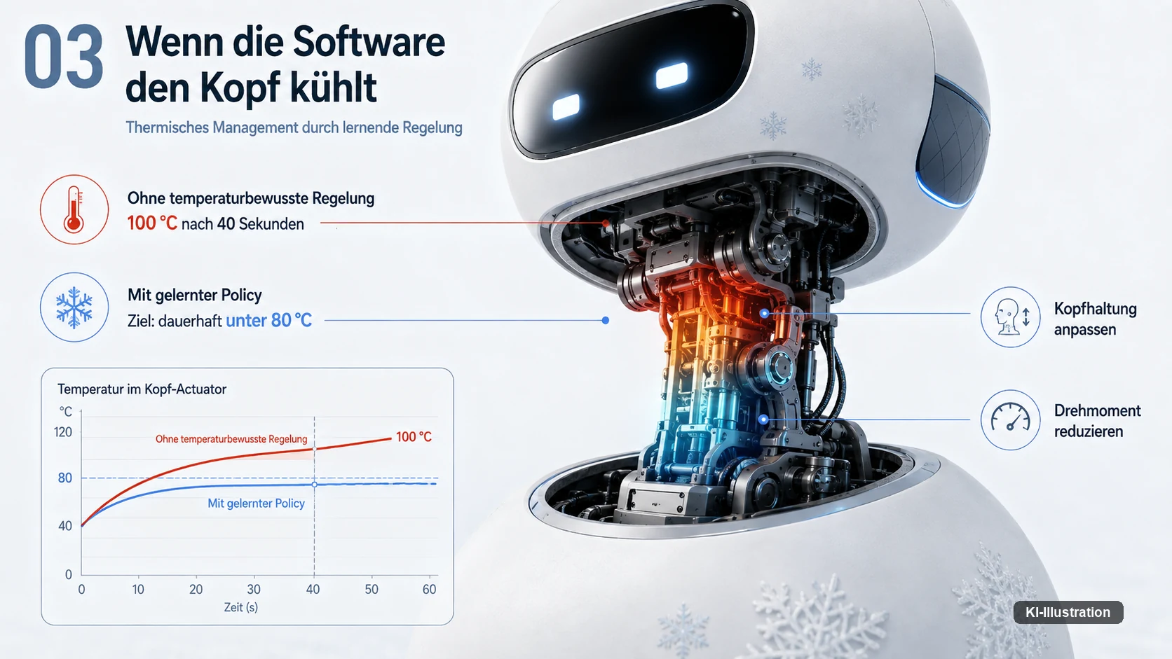 Schaubild eines geöffneten Roboterhalses mit Temperaturverlauf, der ohne Regelung nach vierzig Sekunden hundert Grad erreicht.