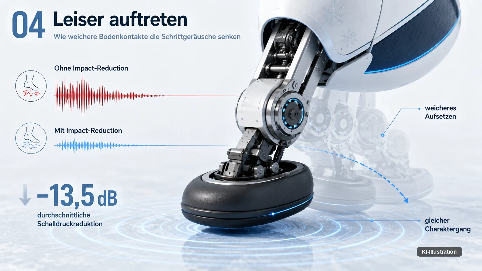 Schaubild eines Roboterfußes beim Aufsetzen mit zwei Schallkurven, darunter die Angabe minus 13,5 Dezibel.